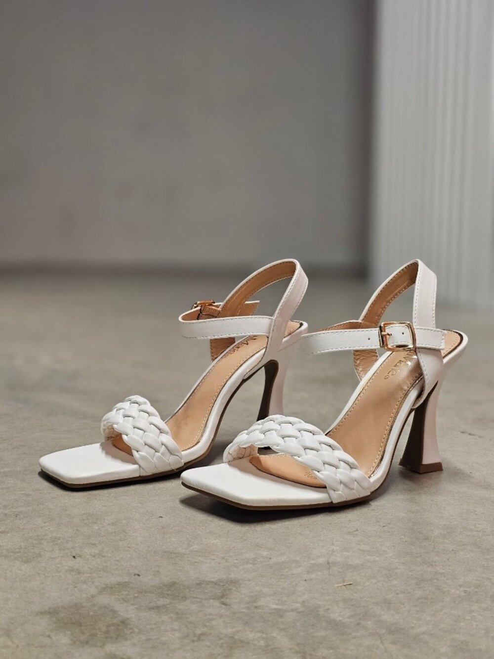 White Braided Strap High Heel Sandals With Square Toe & Adjustable Buckle Closur - Picture 11 of 16